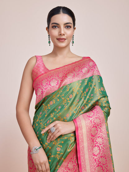 Monjolika Fashion Green Banarasi Tissue Silk SareeWith Zari Woven Work