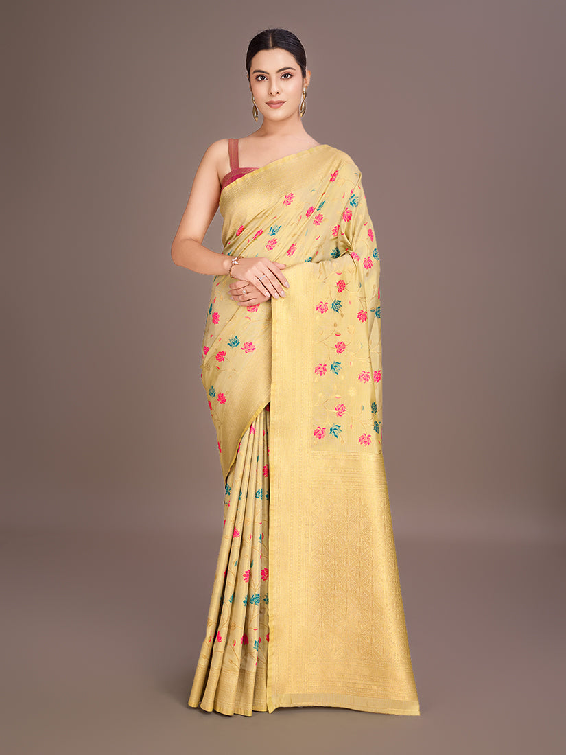 Monjolika Fashion Exquisite Designs With This Regal Cream Rich Look Banarasi Tissue Silk Saree