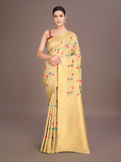 Monjolika Fashion Exquisite Designs With This Regal Cream Rich Look Banarasi Tissue Silk Saree