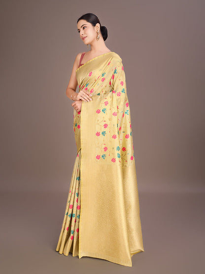 Monjolika Fashion Exquisite Designs With This Regal Cream Rich Look Banarasi Tissue Silk Saree