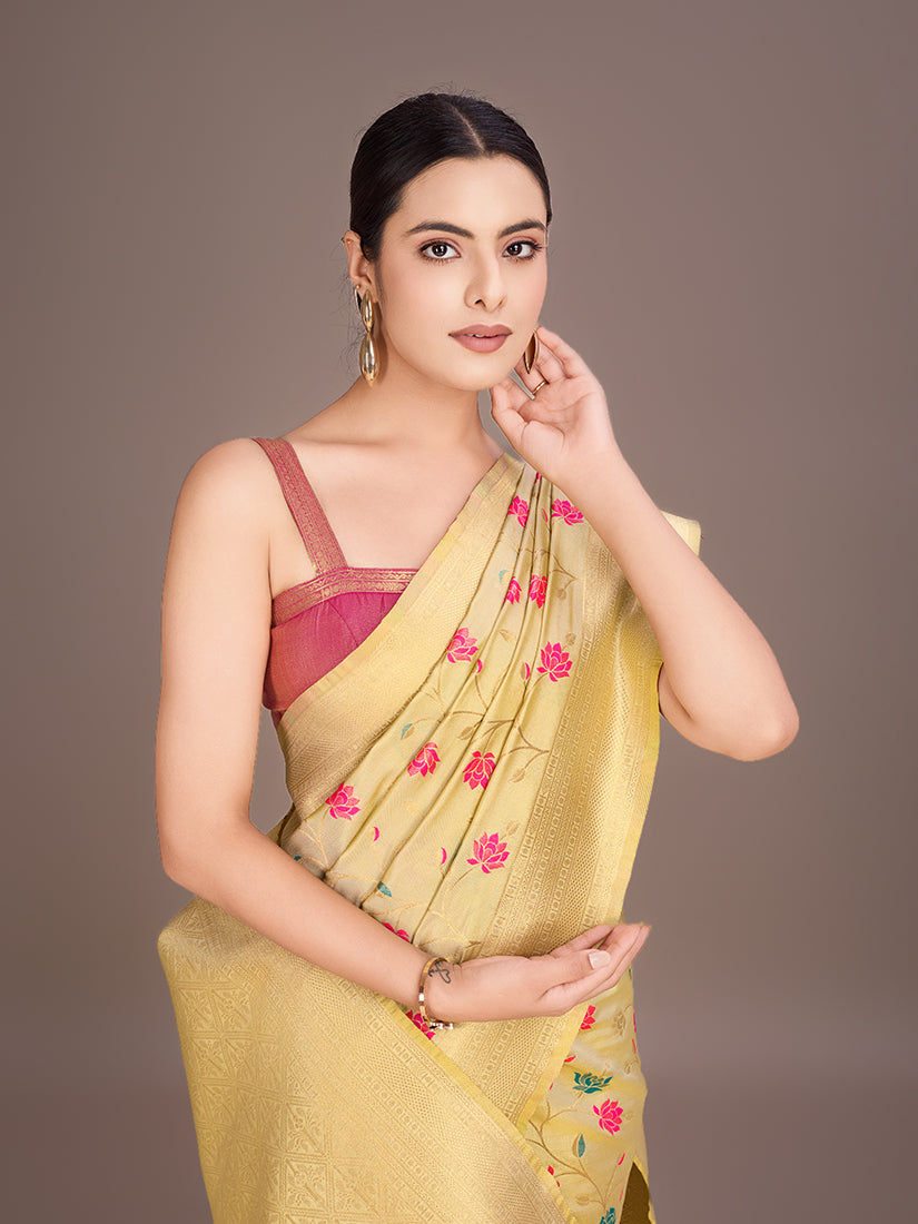 Monjolika Fashion Exquisite Designs With This Regal Cream Rich Look Banarasi Tissue Silk Saree