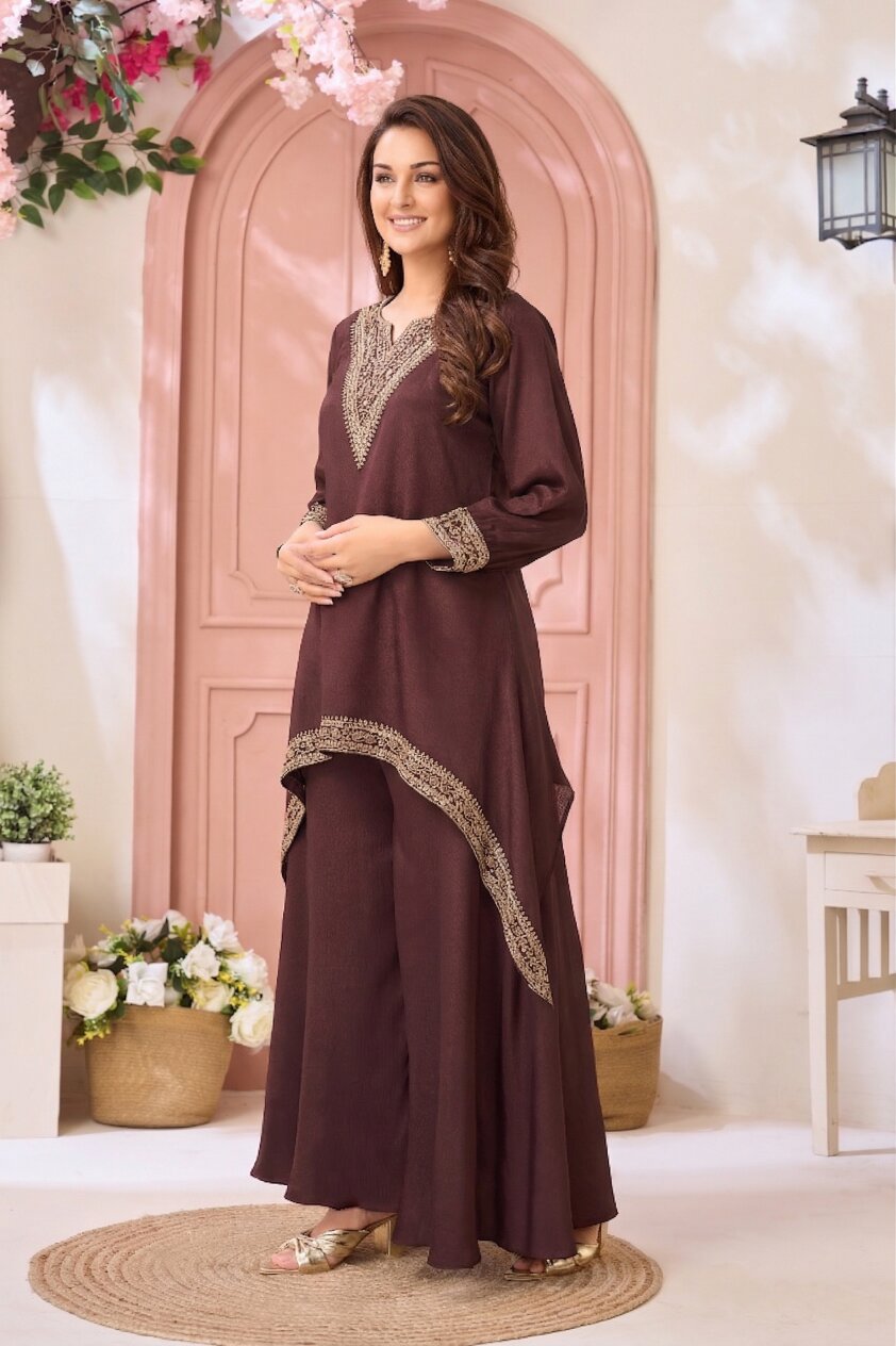 Anaita Coffee Readymade Suit with Coding Work