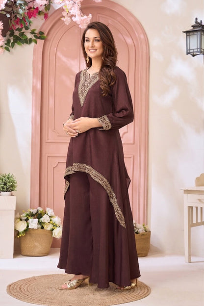 Anaita Coffee Readymade Suit with Coding Work