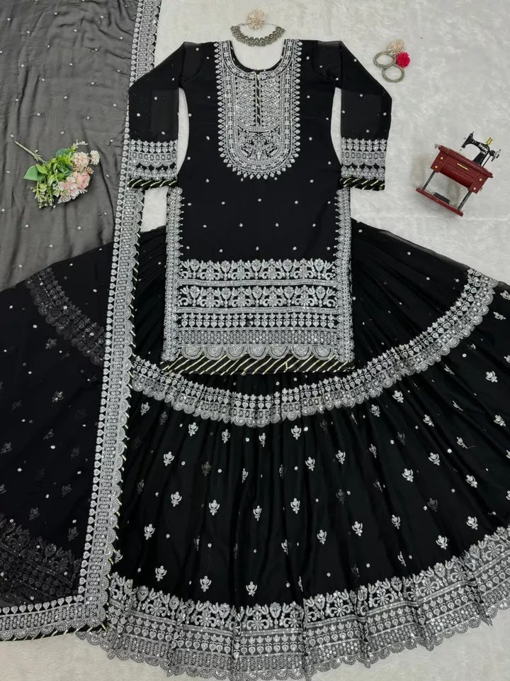 Faux Georgette Sequence Work With Front Side Work Top Sharara With Dupatta