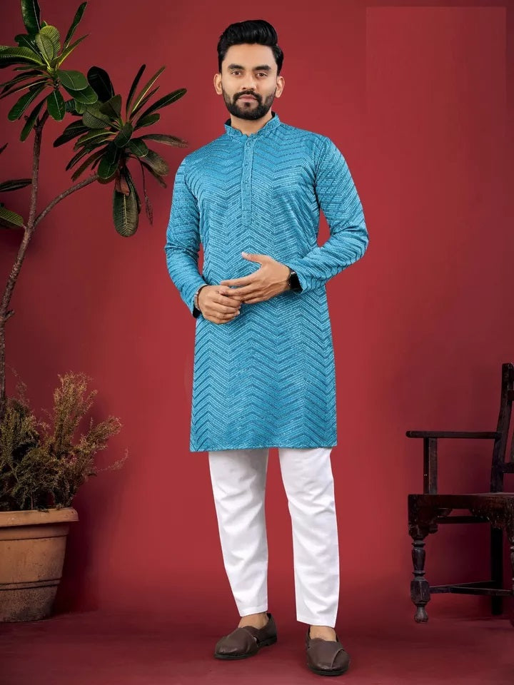 Men's Full Stitched Rayon Viscose Indian Bollywood Ethnic Kurta Pajama Set