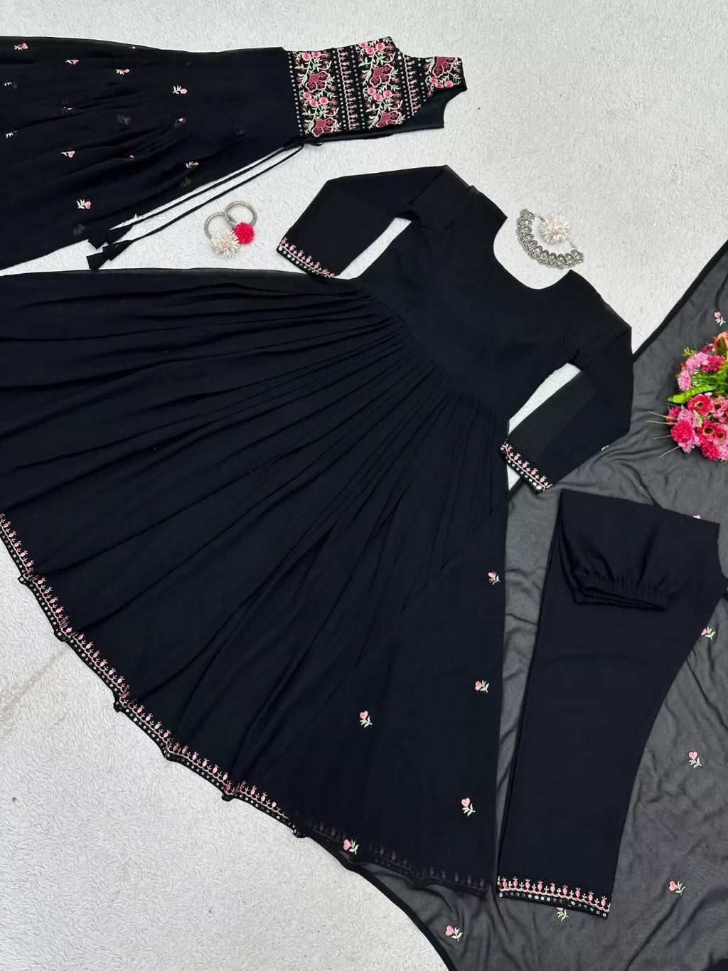 Faux Georgette Bollywood Full Stitched Kurti Shrug & Pant Dupatta