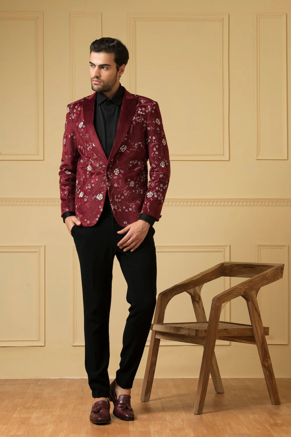 Maroon Embriodered Blazer by Hilo Design