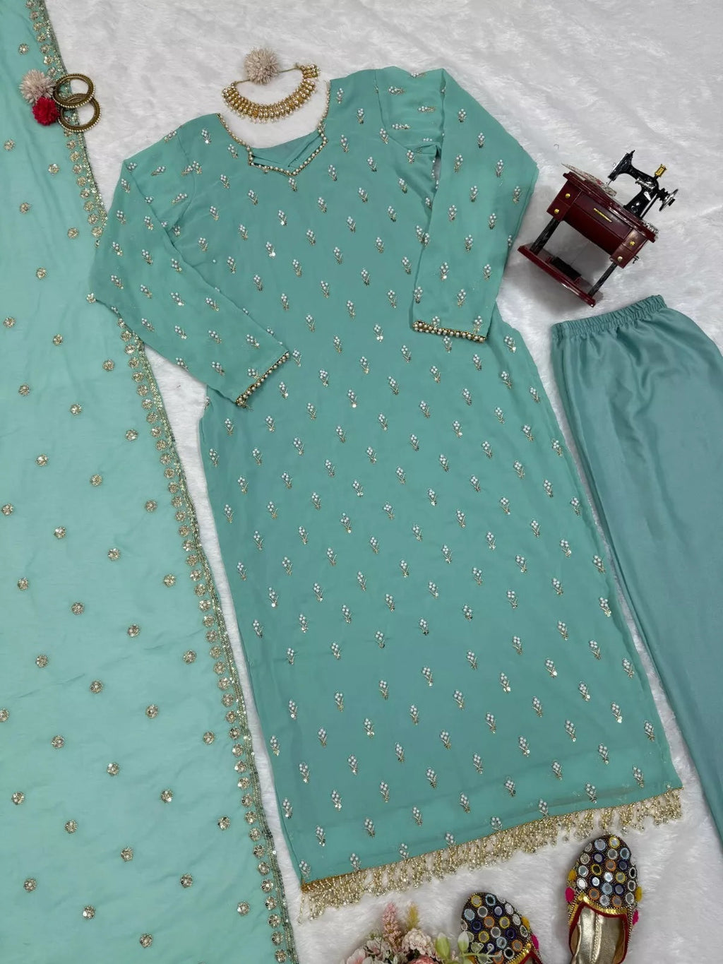 Traditional Fancy Wear Faux Georgette Top Pant With Dupatta