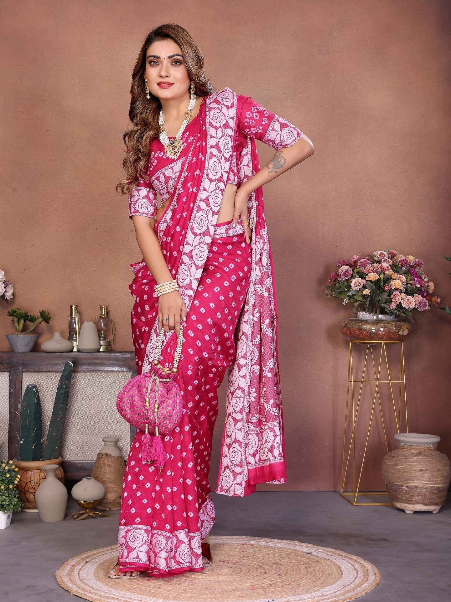Anaita Pink Handmade Bandhej Viscose Silk Saree With Blouse