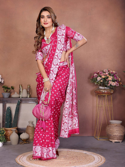 Anaita Pink Handmade Bandhej Viscose Silk Saree With Blouse
