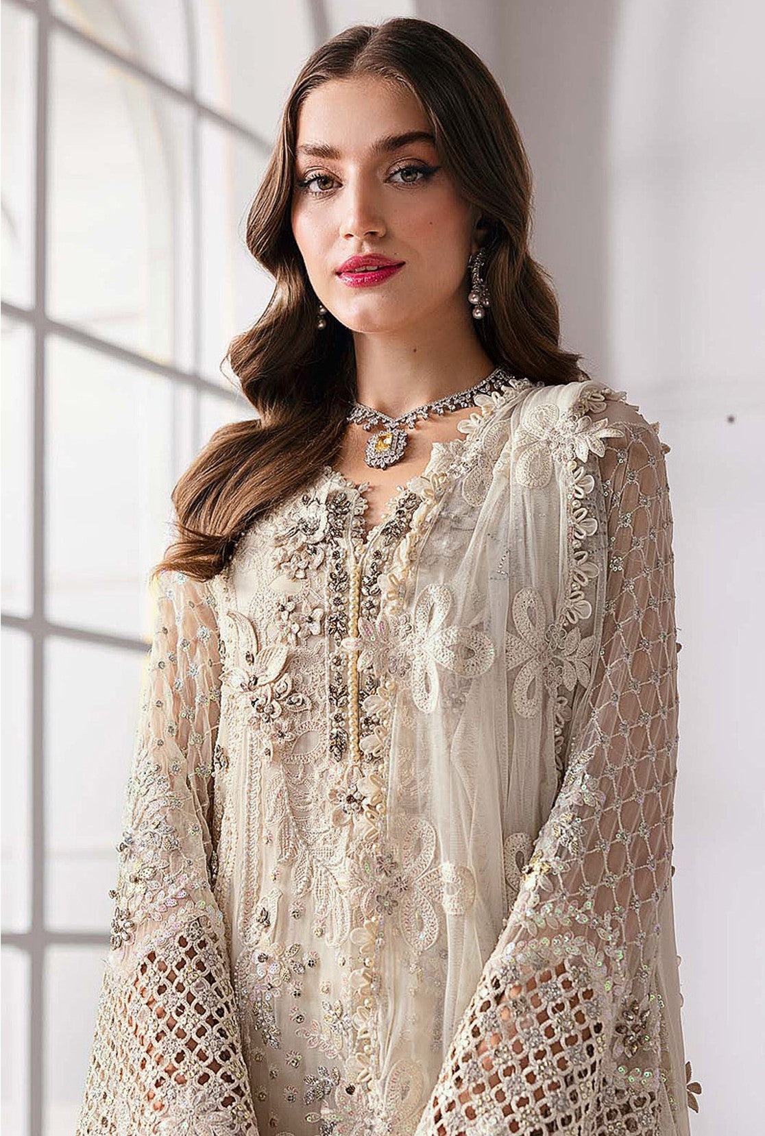 Anaita Cream Fox Georgette Suit With Khatli & Sequence Work