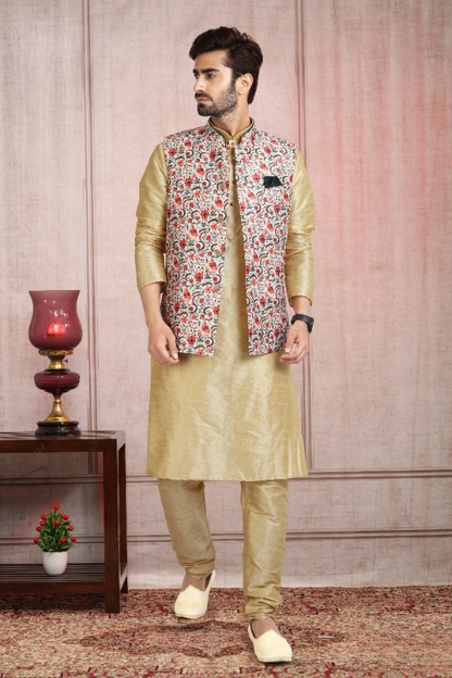 Raivat Ethnic Art Banarasi Silk Printed Work 3 Pics Jacket Set In Pista Green Colour