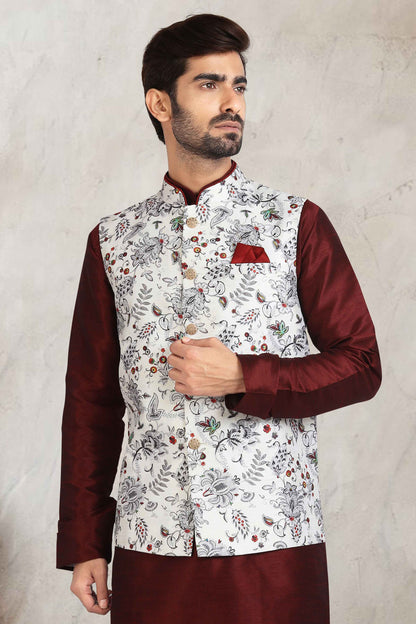 Raivat Ethnic Art Banarasi Silk Printed Work 3 Pics Jacket Set In Off White Colour