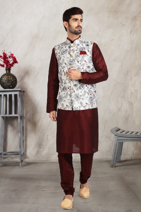 Raivat Ethnic Art Banarasi Silk Printed Work 3 Pics Jacket Set In Off White Colour