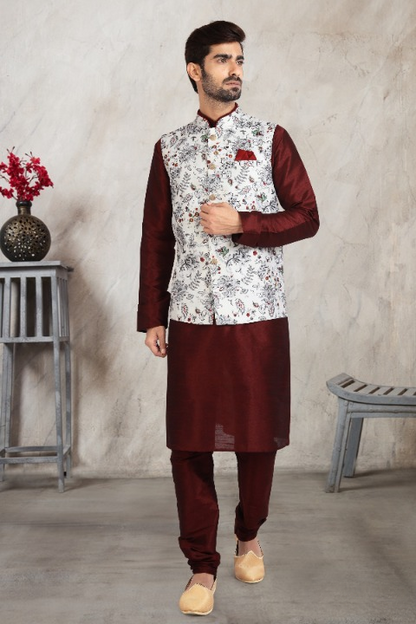 Raivat Ethnic Art Banarasi Silk Printed Work 3 Pics Jacket Set In Off White Colour