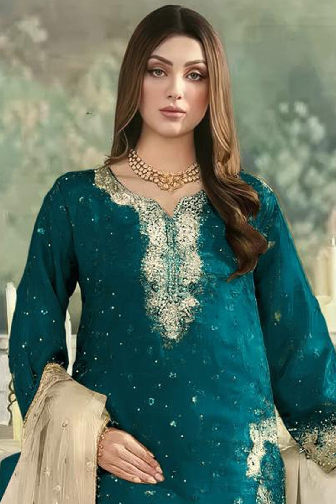 Anaita Teal Jimmy Choo Suit With Embroidery & Sequence Work