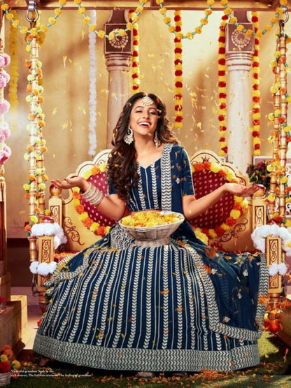 Anaita Teal-Blue Georgette Lehenga Choli With Sequence & Thread Work