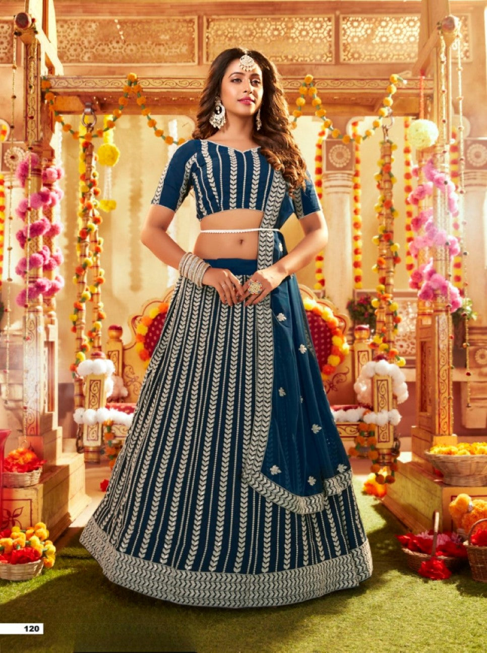 Anaita Teal-Blue Georgette Lehenga Choli With Sequence & Thread Work