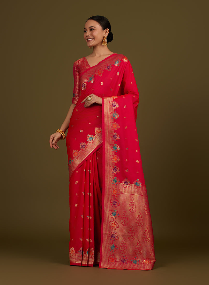 Monjolika Fashion Dark Pink Banarasi Silk Blend SareeWith Zari Woven Detailing
