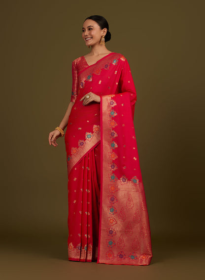 Monjolika Fashion Dark Pink Banarasi Silk Blend SareeWith Zari Woven Detailing