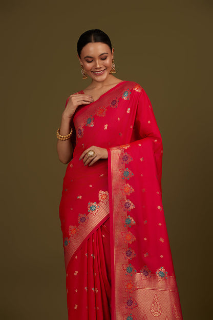 Monjolika Fashion Dark Pink Banarasi Silk Blend SareeWith Zari Woven Detailing