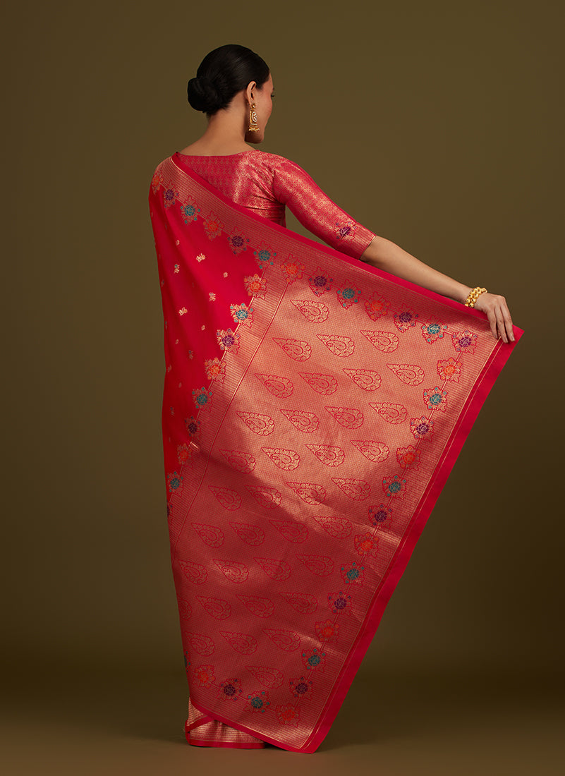 Monjolika Fashion Dark Pink Banarasi Silk Blend SareeWith Zari Woven Detailing