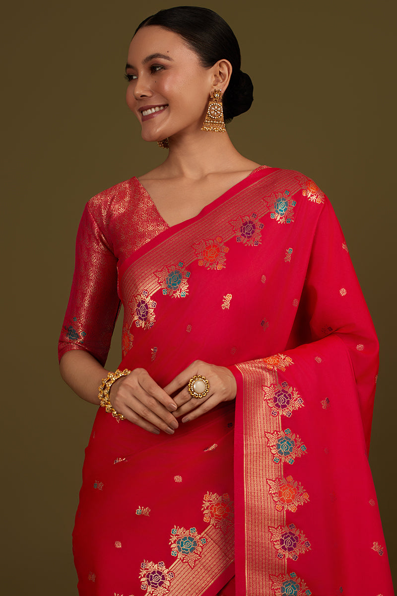 Monjolika Fashion Dark Pink Banarasi Silk Blend SareeWith Zari Woven Detailing