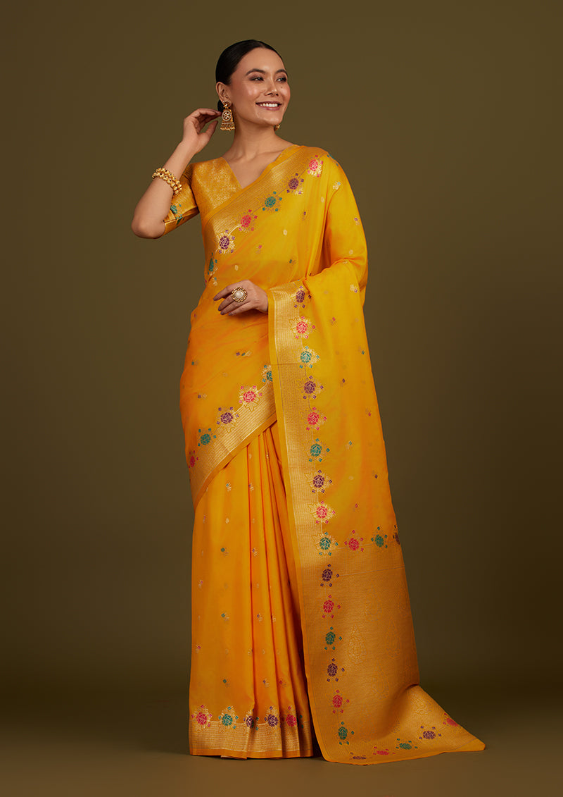 Monjolika Fashion Yellow Banarasi Silk Blend SareeWith Zari Woven Detailing