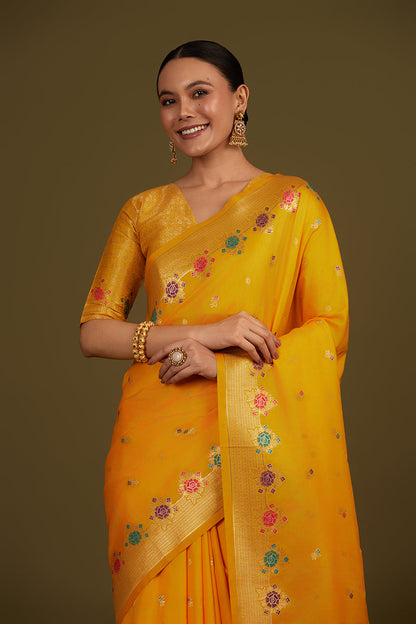 Monjolika Fashion Yellow Banarasi Silk Blend SareeWith Zari Woven Detailing