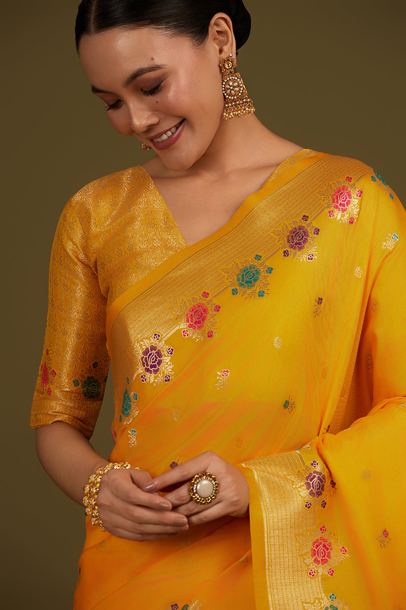 Monjolika Fashion Yellow Banarasi Silk Blend SareeWith Zari Woven Detailing