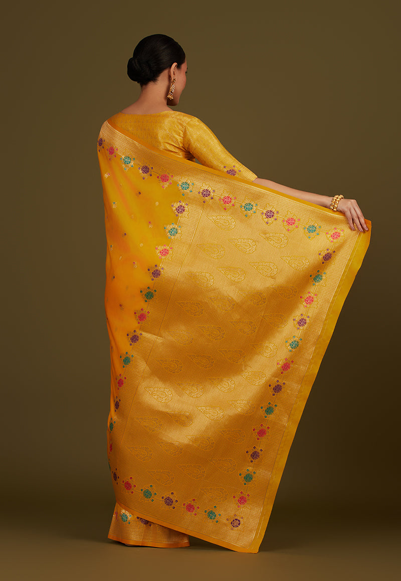 Monjolika Fashion Yellow Banarasi Silk Blend SareeWith Zari Woven Detailing