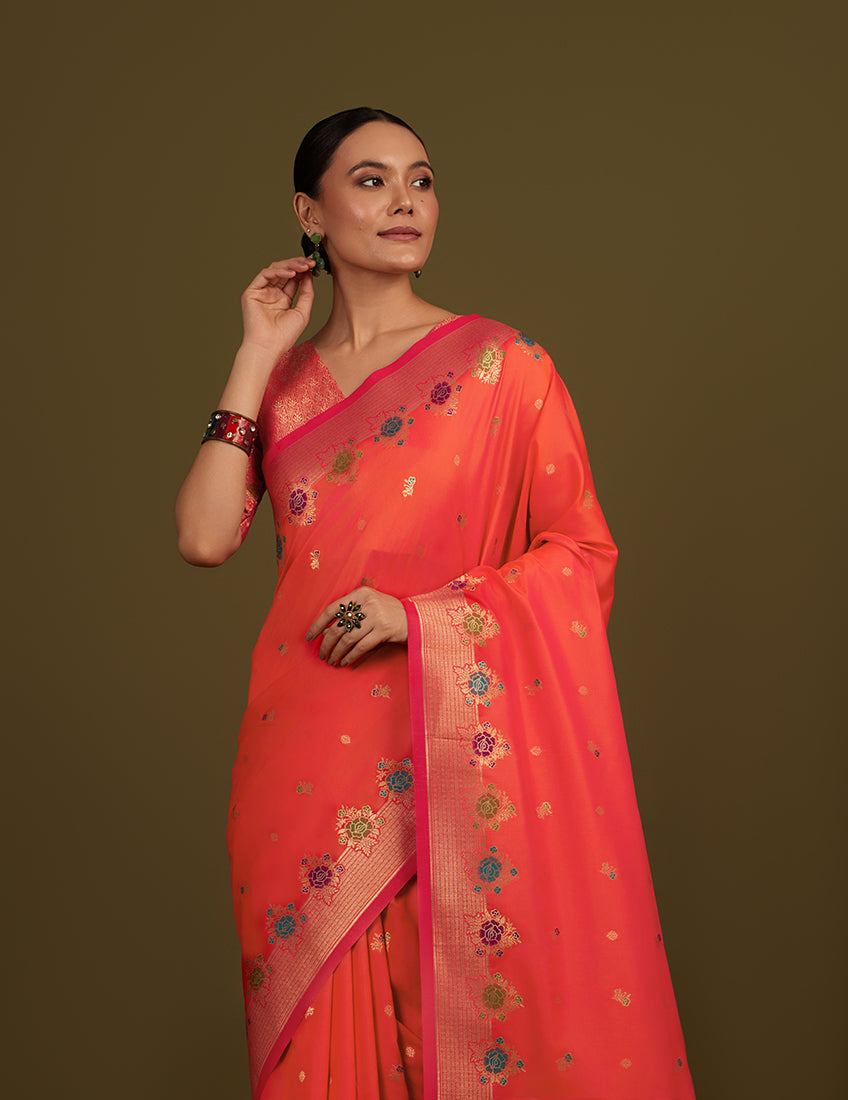 Monjolika Fashion Dark Peach Banarasi Silk Blend SareeWith Zari Woven Detailing