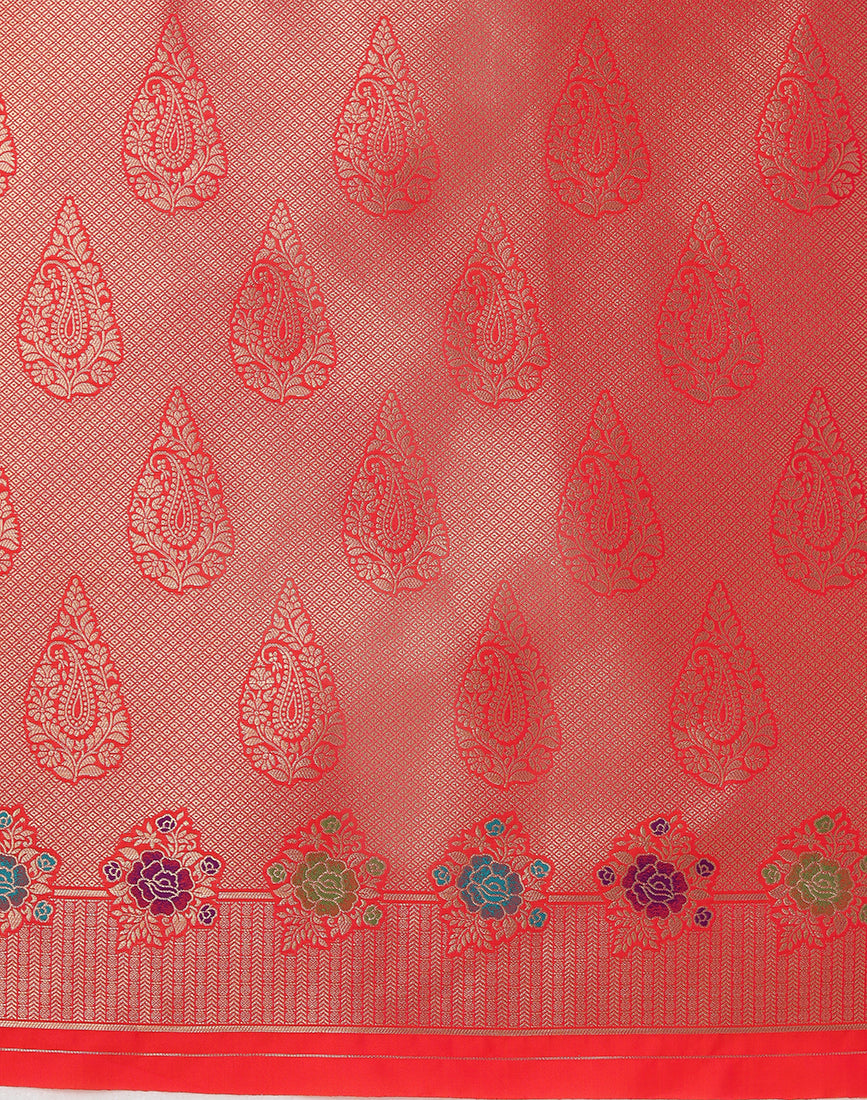 Monjolika Fashion Dark Peach Banarasi Silk Blend SareeWith Zari Woven Detailing