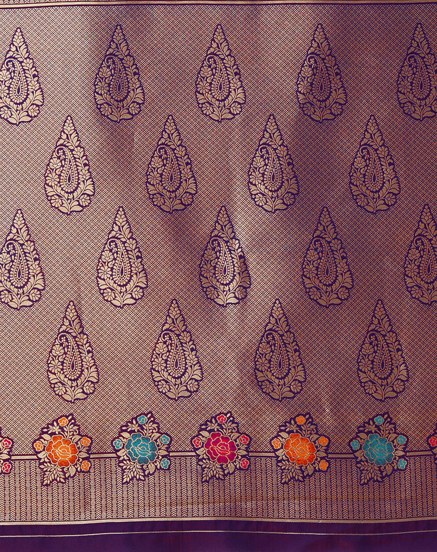 Monjolika Fashion Dark Violet Banarasi Silk Blend SareeWith Zari Woven Detailing