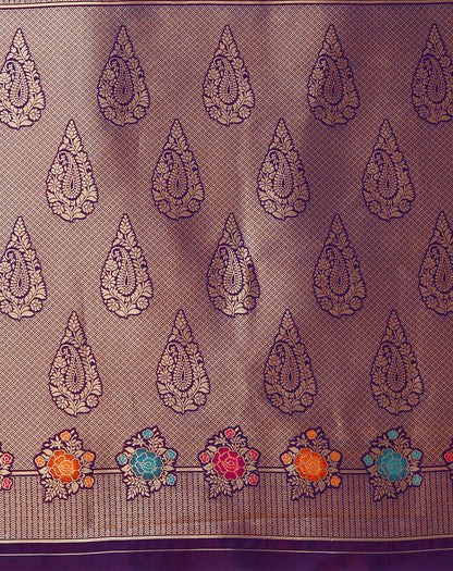 Monjolika Fashion Dark Violet Banarasi Silk Blend SareeWith Zari Woven Detailing