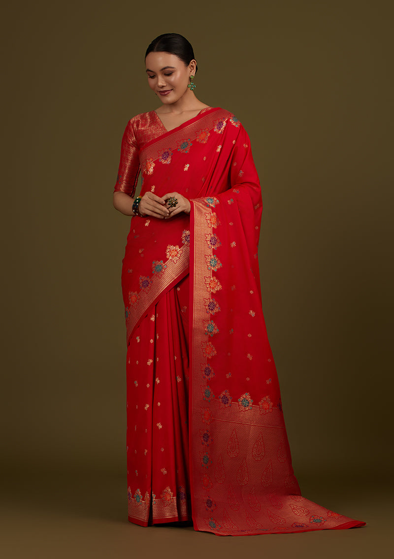 Monjolika Fashion Red Banarasi Silk Blend SareeWith Zari Woven Detailing