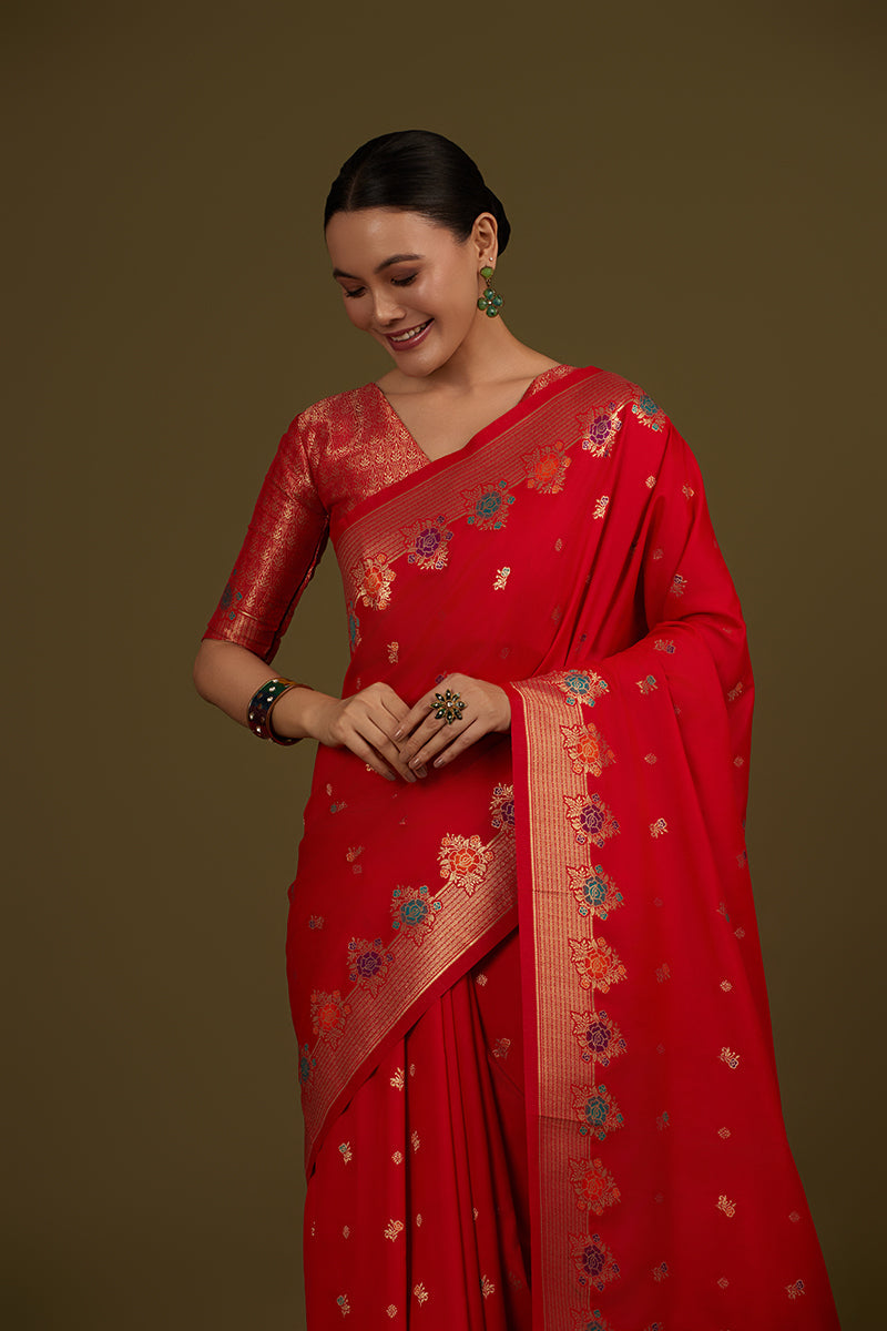 Monjolika Fashion Red Banarasi Silk Blend SareeWith Zari Woven Detailing