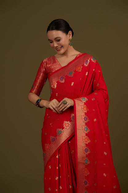 Monjolika Fashion Red Banarasi Silk Blend SareeWith Zari Woven Detailing