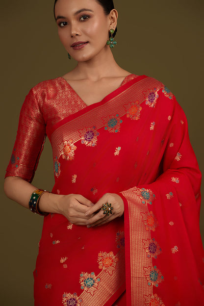 Monjolika Fashion Red Banarasi Silk Blend SareeWith Zari Woven Detailing