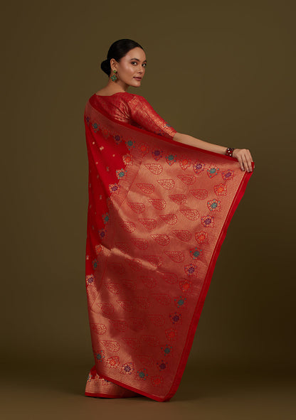 Monjolika Fashion Red Banarasi Silk Blend SareeWith Zari Woven Detailing