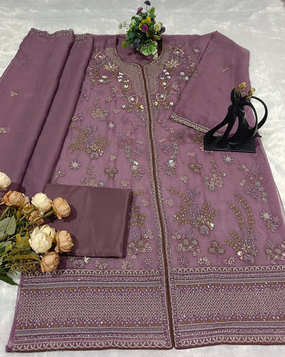 Anaita Purple Chiffon Suit With Embroidery Work