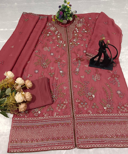 Anaita Pink Chiffon Suit With Embroidery Work