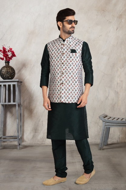 Raivat Ethnic Art Banarasi Silk Printed Work 3 Pics Jacket Set In Off White Colour
