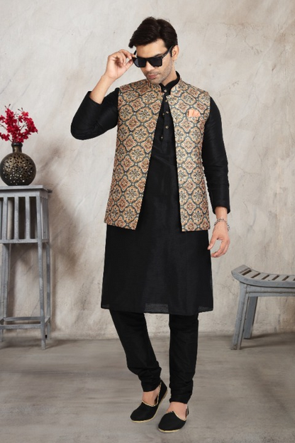 Raivat Ethnic Art Banarasi Silk Printed Work 3 Pics Jacket Set In Beige Colour