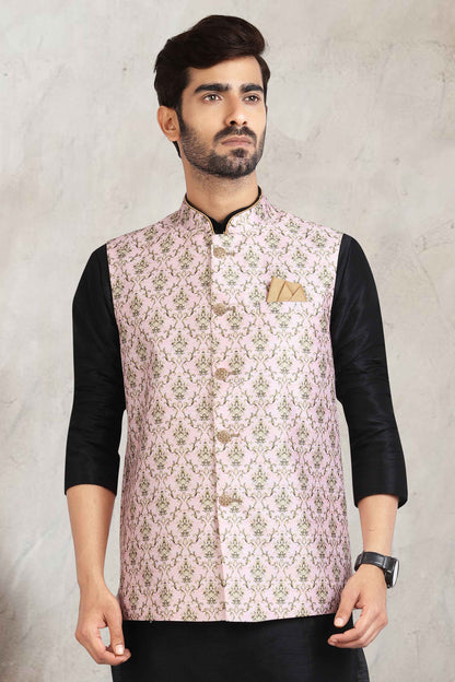 Raivat Ethnic Art Banarasi Silk Printed Work 3 Pics Jacket Set In Light Pink Colour