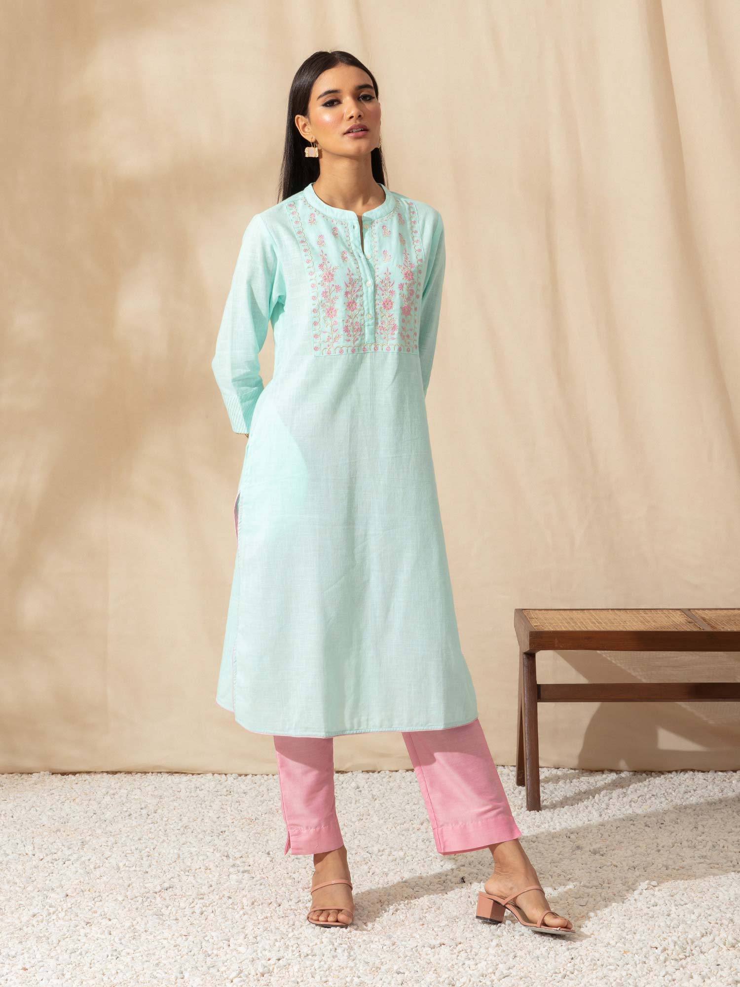 Likha Aqua Yoke Embroidered Aline Cotton Co-ord Set LIKSKD61 (Set of 2)