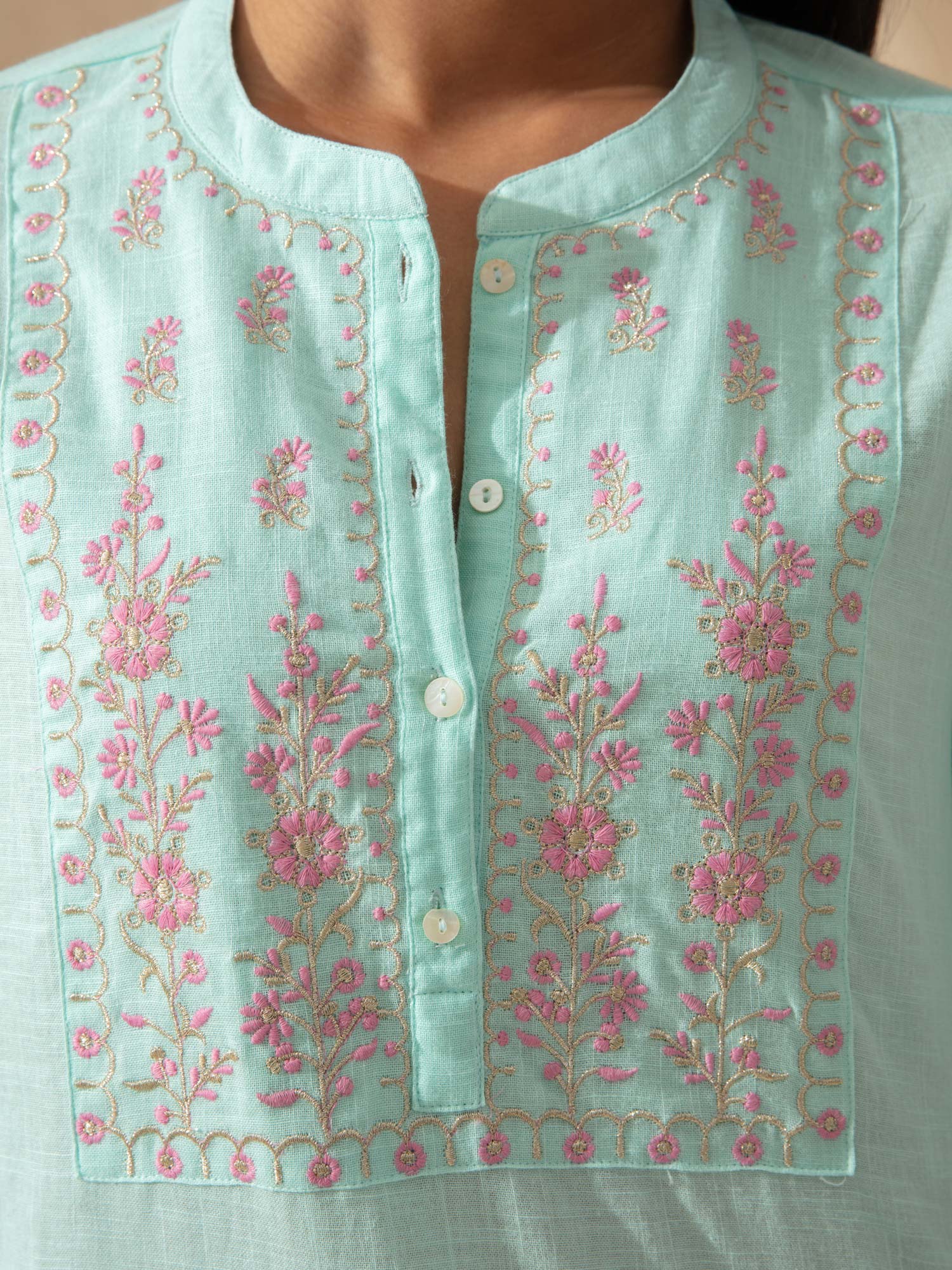 Likha Aqua Yoke Embroidered Aline Cotton Co-ord Set LIKSKD61 (Set of 2)