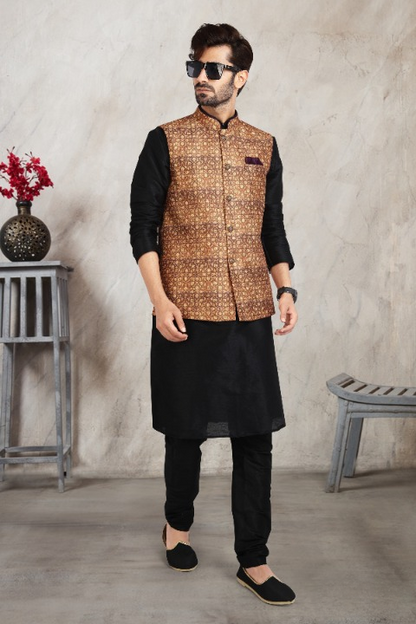 Raivat Ethnic Art Banarasi Silk Printed Work 3 Pics Jacket Set In Beige Colour