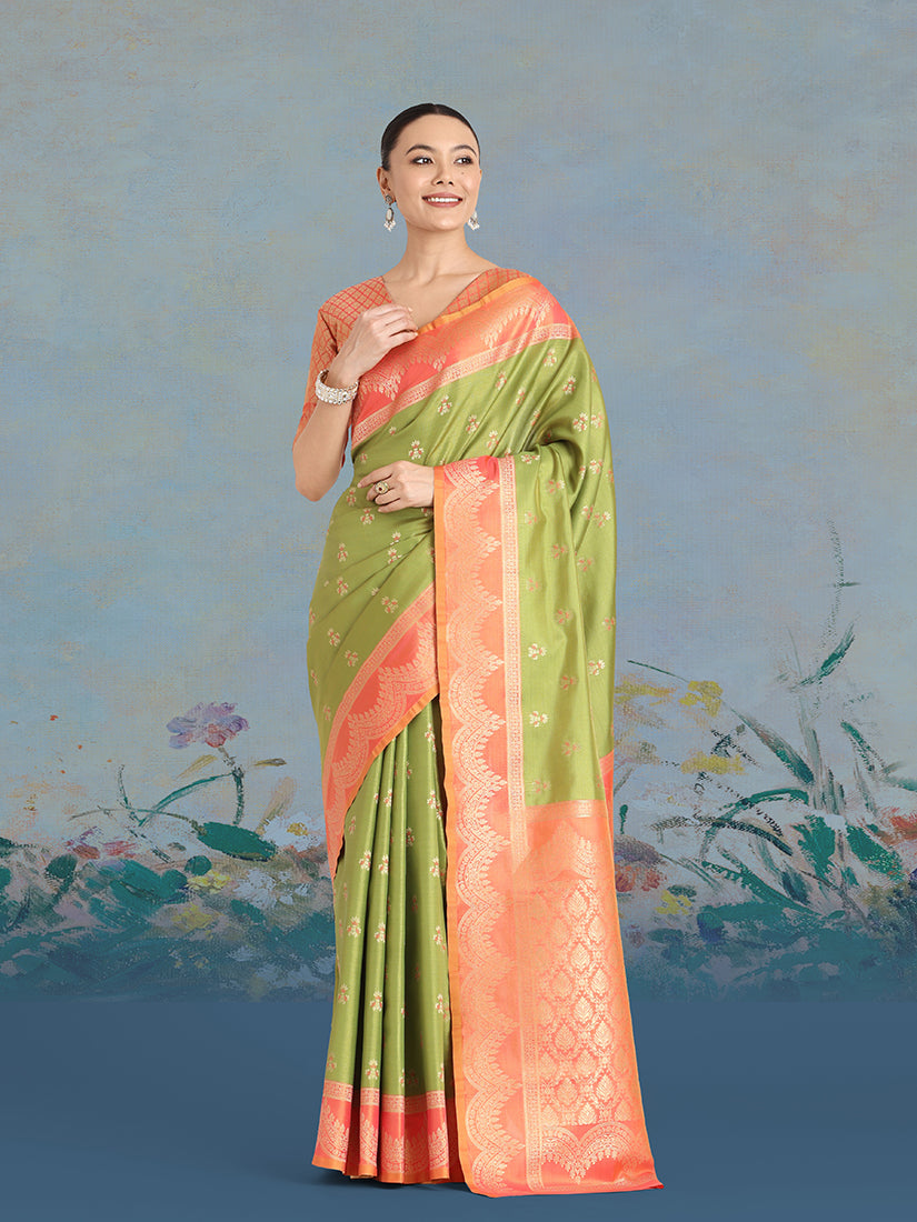 Monjolika Fashion Olive Green Color Weaving Banarasi Tissue Silk Classic Saree