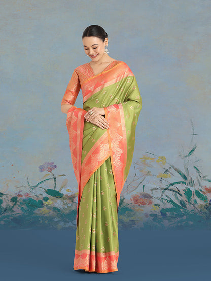 Monjolika Fashion Olive Green Color Weaving Banarasi Tissue Silk Classic Saree